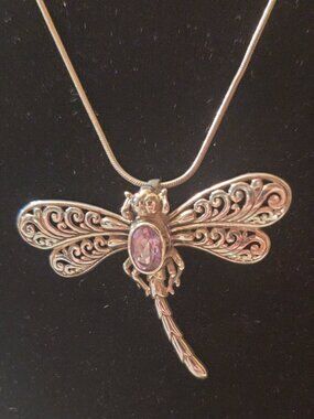 925 Silver Snake Chain ATI Dragonfly Pendant with an Amethyst Stone